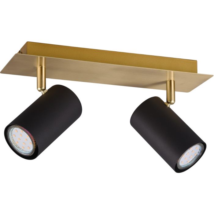 Trio Marley 802400280 spot met goudkleurige rechthoekige plafondplaat en twee zwart cilindervormig spotjes met GU10 lamp