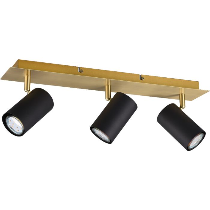 Trio Marley 802400380 spot met goudkleurig rechthoekige plafondplaat en drie zwart cilindervormige spotjes met GU10 lamp