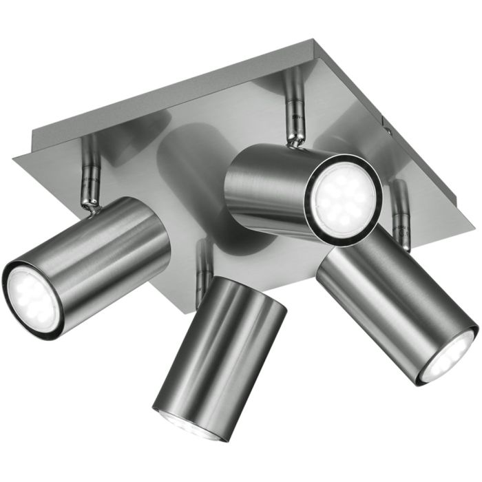 Trio Marley 802400407 staalkleurige spot met vierkante plafondplaat en vier cilindervormige spotjes met GU10 lamp