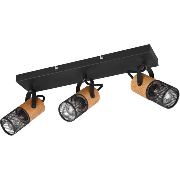 Trio Tosh 804300332 spot met rechthoekige zwarte plafondbalk en drie houten spotjes met cilindervormig kapje van zwart metaalgaas