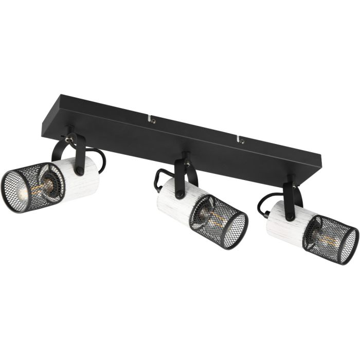 Trio Tosh 804300334 spot met rechthoekige zwarte plafondbalk en drie wit houten spotjes met cilindervormig kapje van zwart metaalgaas
