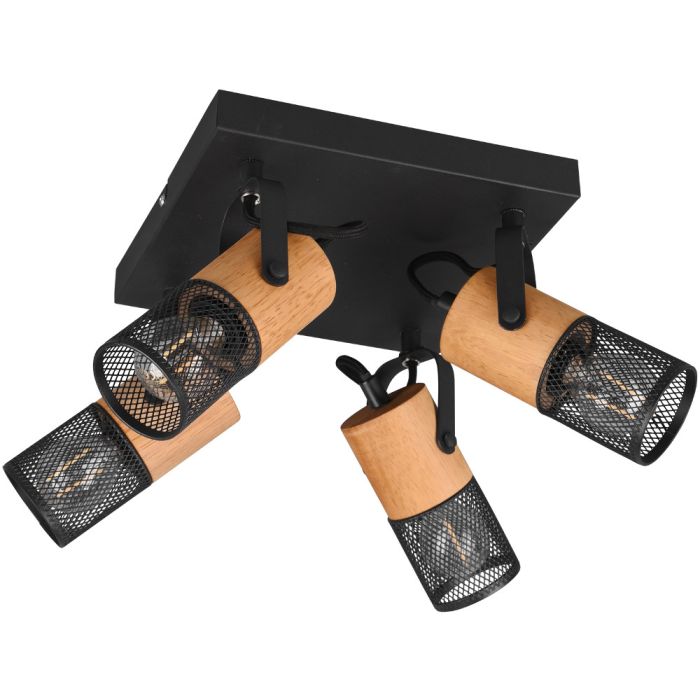 Trio Tosh 804300432 spot met vierkante zwarte plafondplaat en vier houten spotjes met cilindervormig kapje van zwart metaalgaas