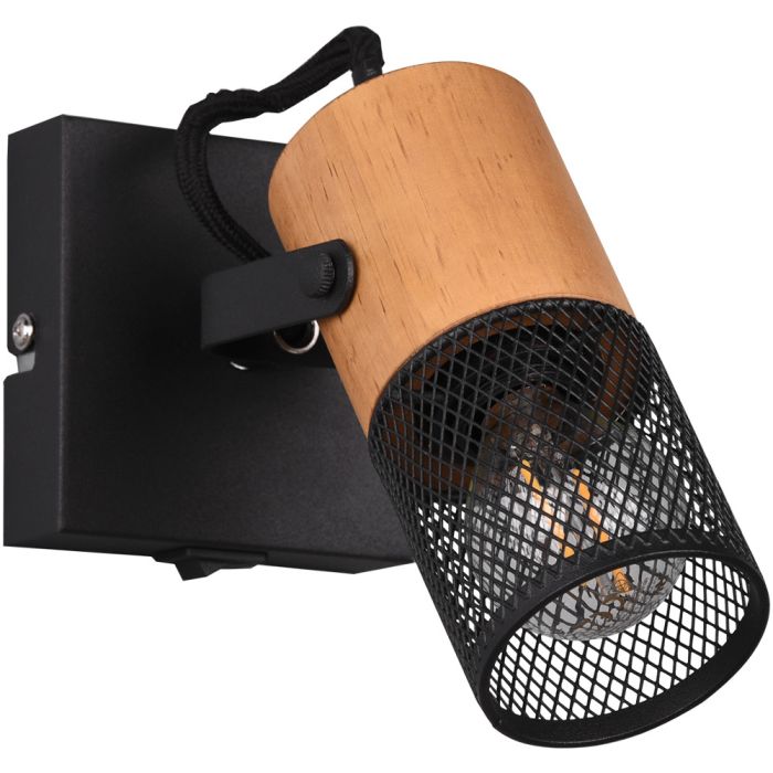 Trio Tosh 804370132 wandspot met vierkante zwarte wandplaat met schakelaar en houten spotje met cilindervormig kapje van zwart metaalgaas