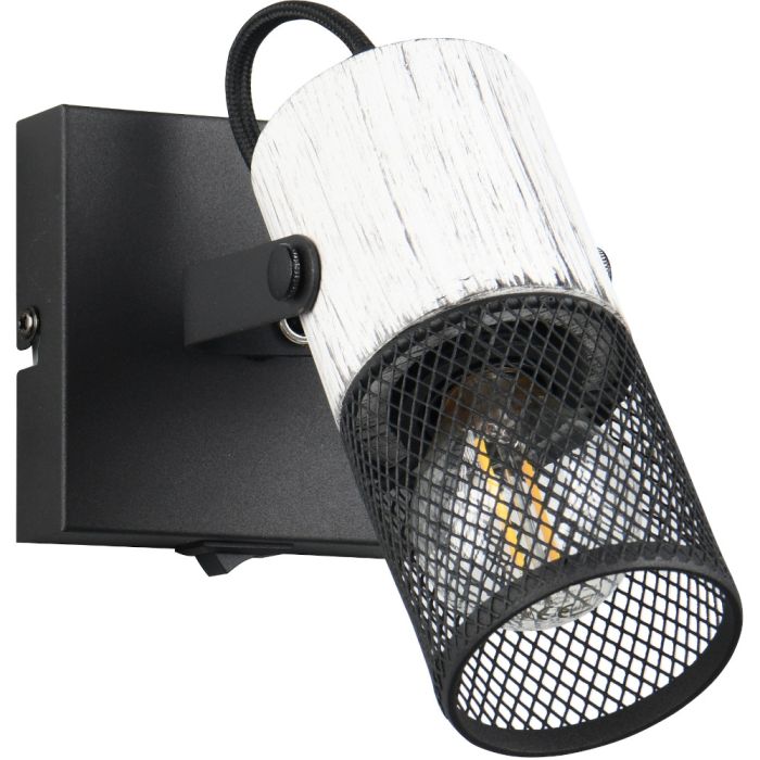 Trio Tosh 804370134 wandspot met vierkante zwarte wandplaat met schakelaar en wit houten spotje met cilindervormig kapje van zwart metaalgaas