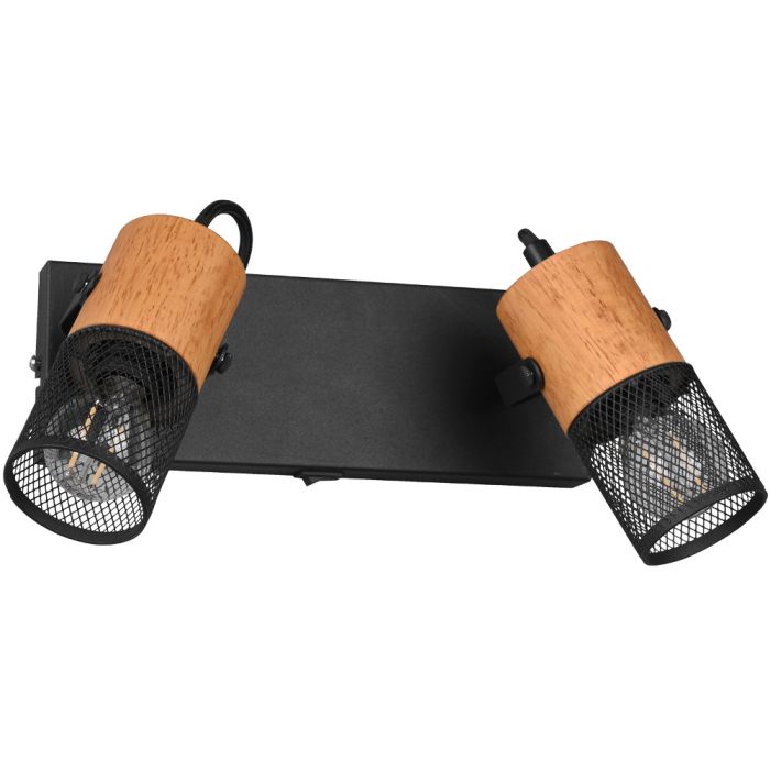 Trio Tosh 804370232 wandspot met rechthoekige zwarte wandplaat met schakelaar en twee houten spotjes met cilindervormig kapje van zwart metaalgaas