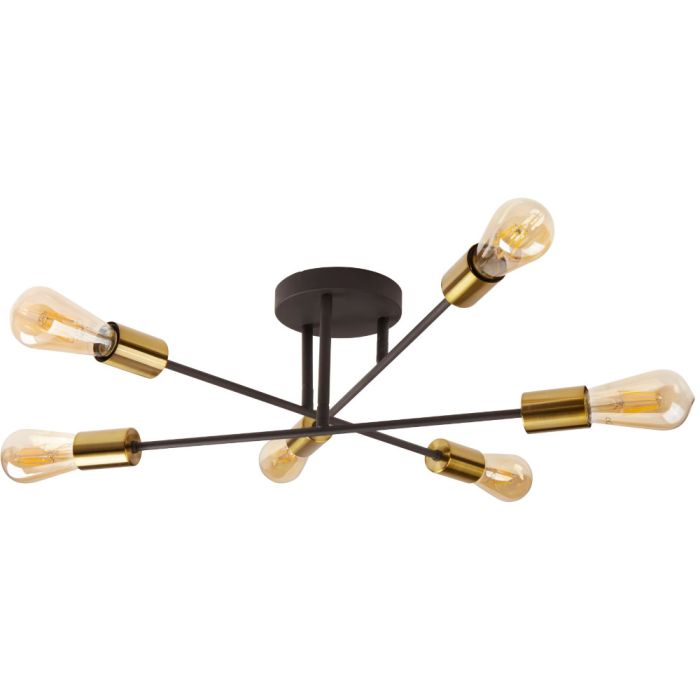 Searchlight Armstrong zwarte plafondlamp met drie stangen en zes messing fittingen met elk een edison lamp