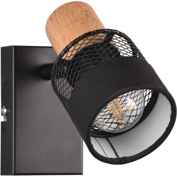 Trio Nandini 811700132 wandspot met vierkante zwarte wandplaat en houten spotje met cilindervormig kapje van zwart metaalgaas en een rand van zwart textiel