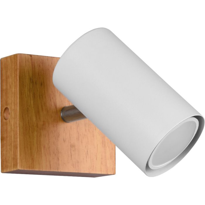 Trio Marley 812400131 spotje met vierkante houten wandplaat en wit cilindervormig spotje met GU10 lamp