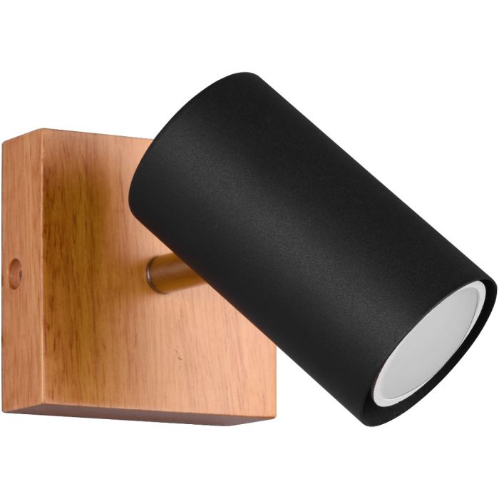 Trio Marley 812400132 spotje met vierkante houten wandplaat en zwart cilindervormig spotje met GU10 lamp