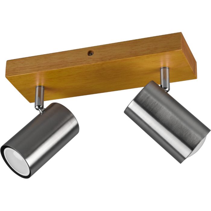 Trio Marley 812400207 spotje met rechthoekige houten plafondplaat en twee staalkleurig cilindervormige spotjes met GU10 lampje