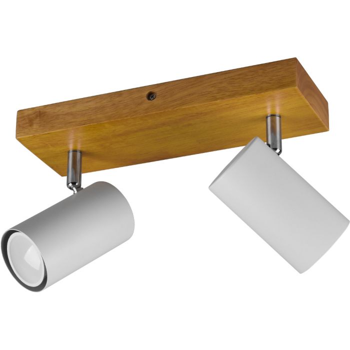 Trio Marley 812400231 spotje met rechthoekige houten plafondplaat en twee witte cilindervormige spotjes met GU10 lampje