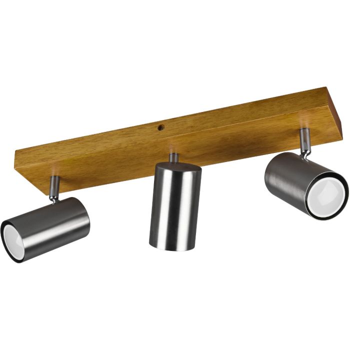 Trio Marley 812400307 spotje met rechthoekige houten plafondplaat en drie staalkleurige cilindervormige spotjes met GU10 lampje