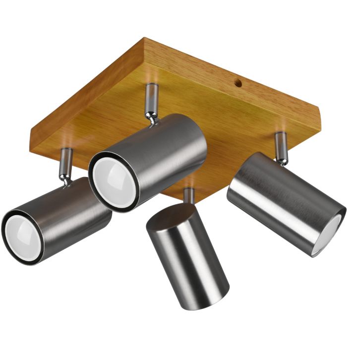 Trio Marley 812400407 spot met vierkante houten plafondplaat en vier staalkleurig cilindervormige spotjes met GU10 lampje