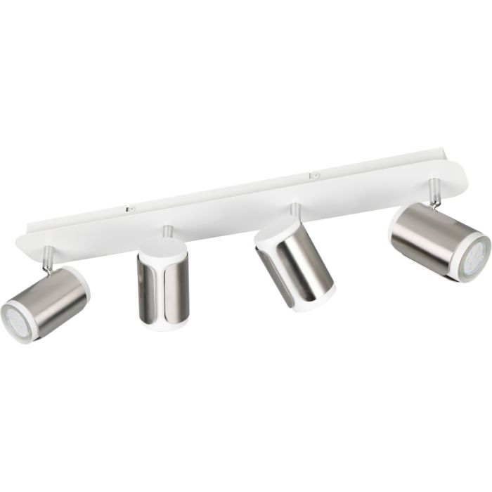 Trio Gillan 814500407 spot met witte rechthoekige plafondbalk en vier wit met staalkleurige spotjes met GU10 lampje