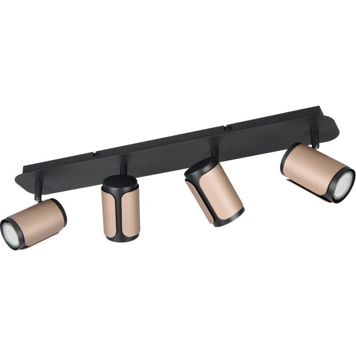 Trio Gillan 814500465 spot met zwart rechthoekige plafondbalk en vier zwart met koffiebruine spotjes met GU10 lampje