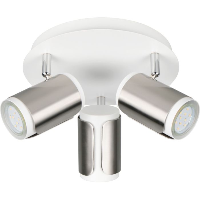 Trio Gillan 814530307 spot met witte ronde plafondplaat en drie wit met staalkleurige spotjes met GU10 lampje