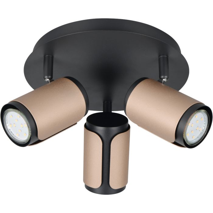 Trio Gillan 814530365 spot met zwarte ronde plafondplaat en drie zwart met koffiebruine spotjes met GU10 lampje