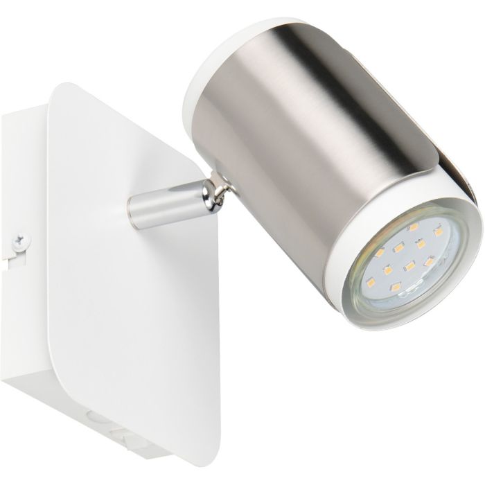 Trio Gillan 814570107 spot met wit vierkante wandplaat, schakelaar en wit met staalkleurig spotje met GU10 lampje