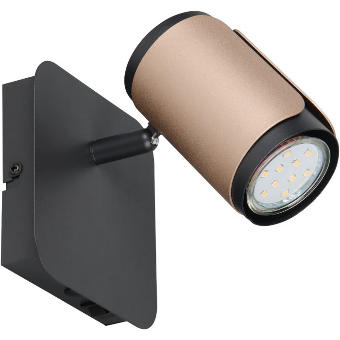 Trio Gillan 814570165 spot met zwarte vierkante wandplaat, schakelaar en zwart met koffiebruin spotje met GU10 lampje