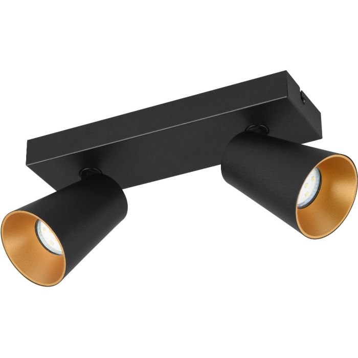 Trio Sharp 817100232 zwarte spot met rechthoekige plafondplaat en twee kegelvormige spotjes met verdiepte GU10 lamp en goudkleurige binnenzijde