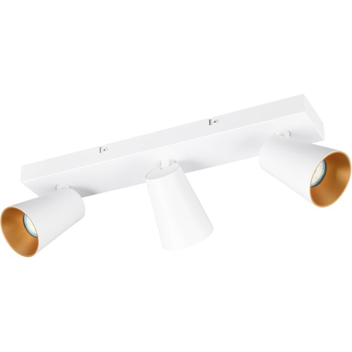 Trio Sharp 817100331 witte spot met rechthoekige plafondplaat en drie kegelvormige spotjes met verdiepte GU10 lamp en goudkleurige binnenzijde