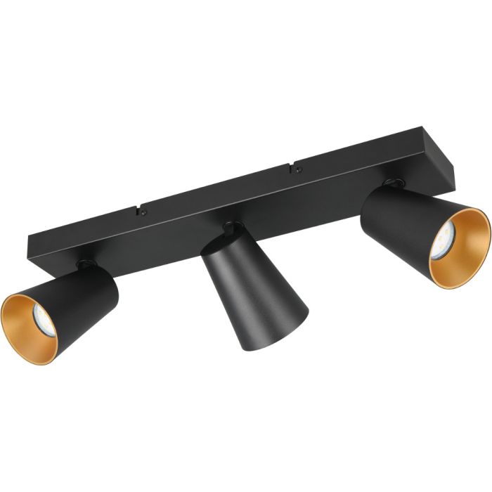 Trio Sharp 817100332 zwarte spot met rechthoekige plafondplaat en drie kegelvormige spotjes met verdiepte GU10 lamp en goudkleurige binnenzijde
