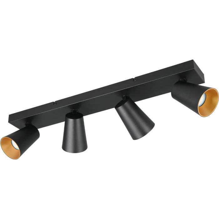 Trio Sharp 817100432 zwarte spot met rechthoekige plafondplaat en vier kegelvormige spotjes met verdiepte GU10 lamp en goudkleurige binnenzijde