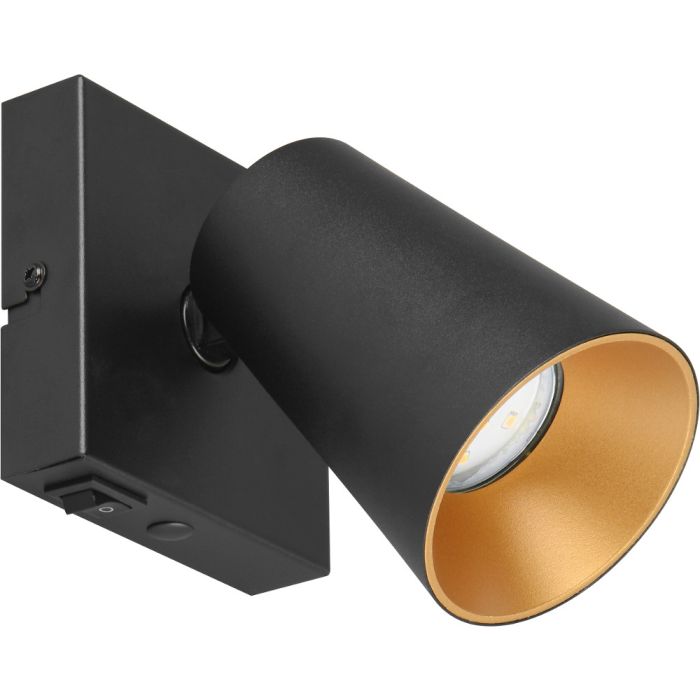Trio Sharp 817170132 zwarte spot met vierkant wandplaatje en kegelvormig spotje met verdiepte GU10 lamp en goudkleurige binnenzijde