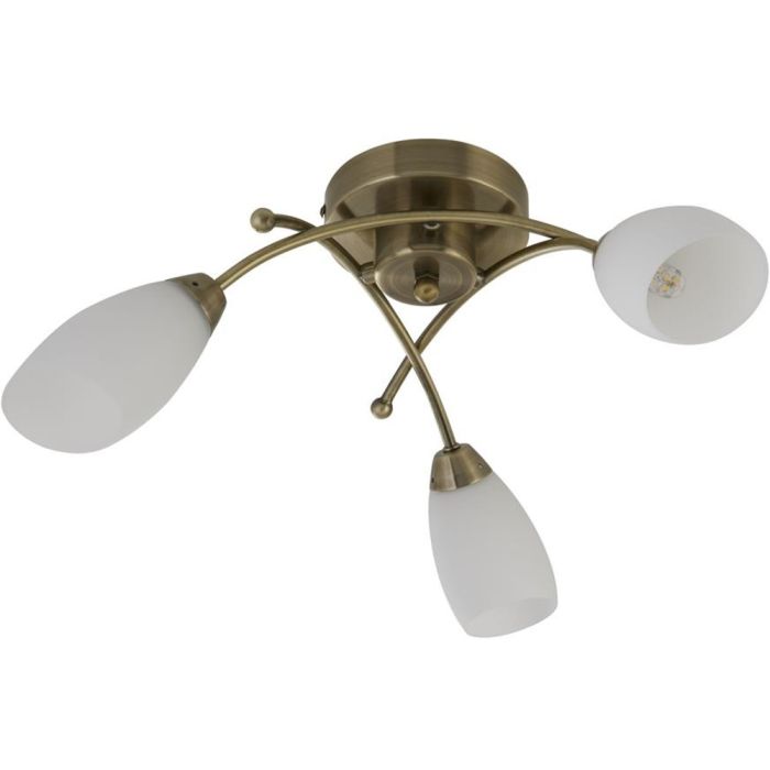 Searchlight Opera antiek bronzen plafondlamp met drie gebogen armen met elk een ovaal opaal glazen kelk