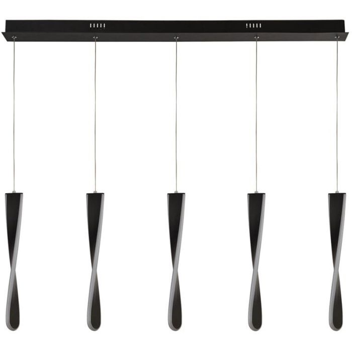 Searchlight Paddle zwarte dimbare hanglamp met een plafondbalk van 100cm en vijf pendels met zwarte metalen gedraaide plankjes met LED langs de zijden