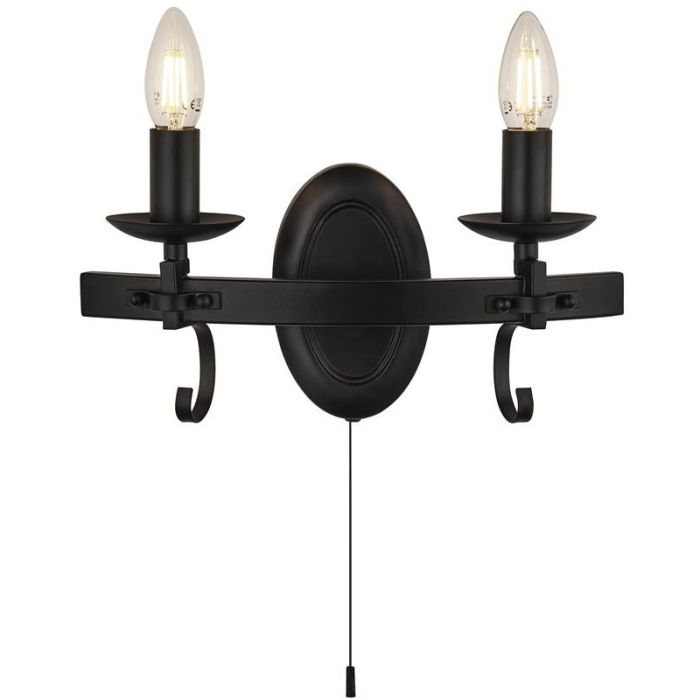 Searchlight Cartwheel zwarte wandlamp in kasteelstijl met twee kaarslampen en trekschakelaar