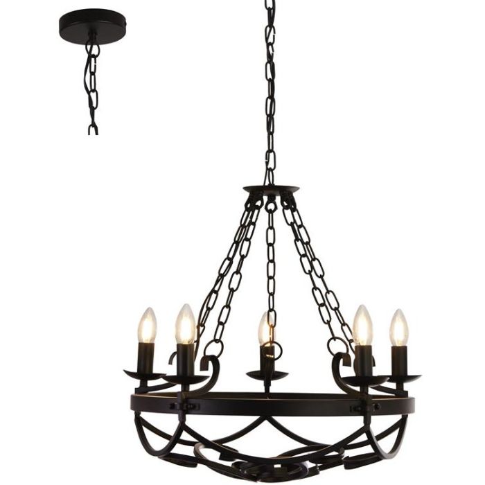 Searchlight Cartwheel zwarte kroonluchter in kasteelstijl met vrij kaarslampen en diverse kettingen