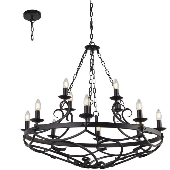 Searchlight Cartwheel zwarte kroonluchter met een diameter van 89cm in kasteelstijl met twaalf kaarslampen en diverse kettingen