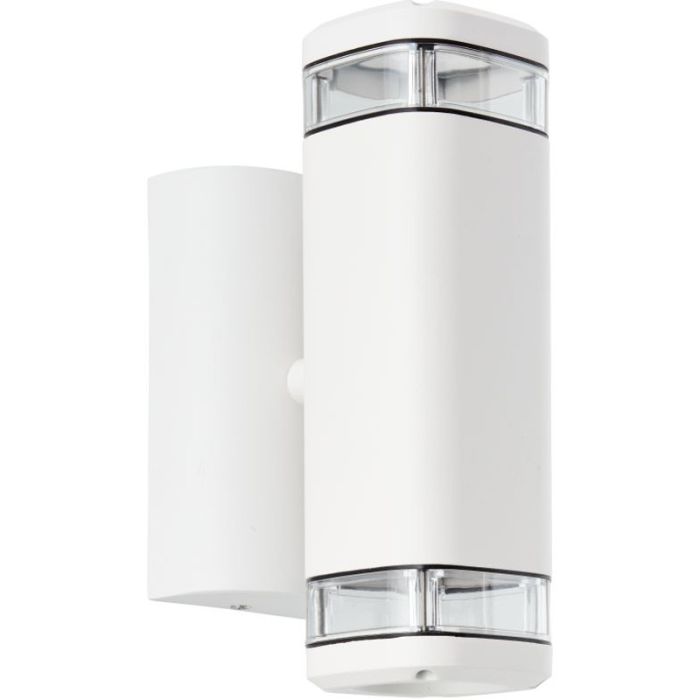 Brilliant Jandy 90968A05 witte rechthoekige wandlamp voor buiten met een op en neerwaartse GU10 spot. De spots hebben beide een venster rondom