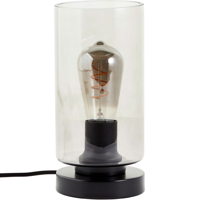 Brilliant Mesmer 92751/06 zwarte tafellamp met cilindervormig rookglazen kap en rookglazen edison lamp