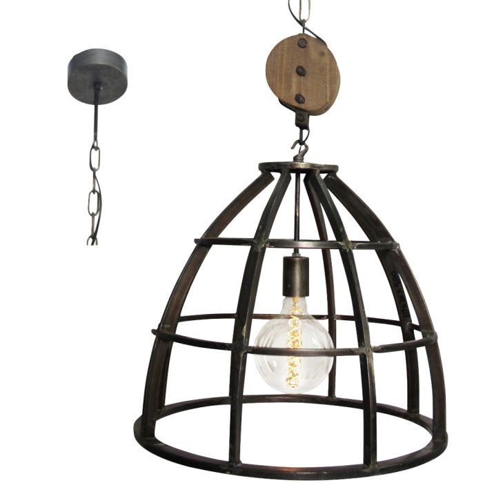Brilliant Matrix 93411/76 industriele hanglamp aan een ketting met katrol en antiek stalen roostervormige kap