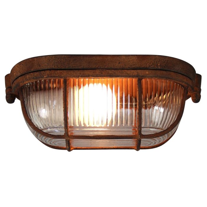 Brilliant Bobbi 94458/60 industriele roestige plafondlamp met dik ribbelglas en beschermende beugels rond het glas, brandend