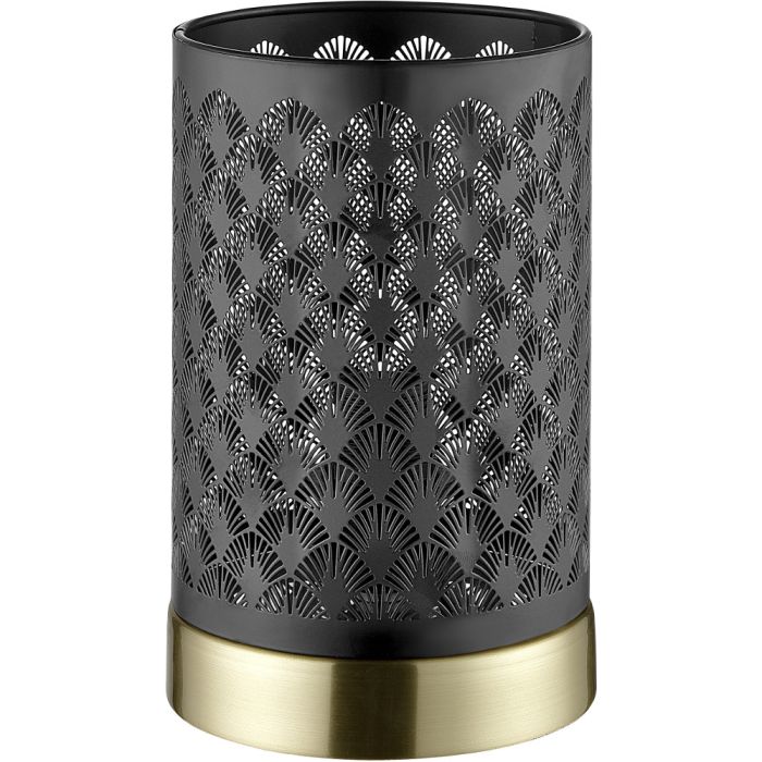Brilliant Neolia 94963/86 tafellamp met goudkleurig voetje en zwart cilindervormige kap van metaal met open motief