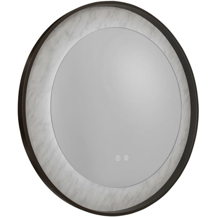 Searchlight Luxo ronde zwarte badkamerspiegel met een diameter van 80cm en LED en een marmereffect langs de rand