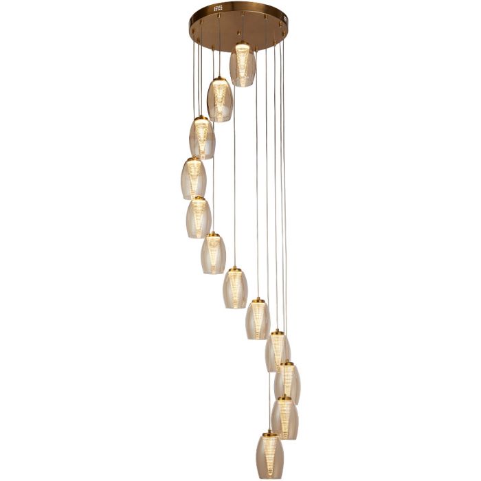 Searchlight Cyclone hanglamp met een diameter van 52cm, een messing plafondplaat en twaalf pendels met champagnekleurige kappen met een tornadovormig element erin