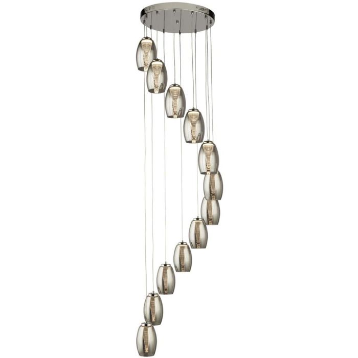 Searchlight Cyclone hanglamp met een diameter van 52cm, een chromen plafondplaat en twaalf pendels met rookglazen kappen met een tornadovormig element erin