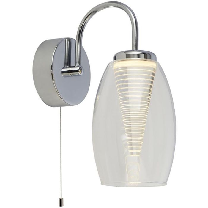Searchlight Cyclone chromen wandlamp met trekschakelaar van 27cm hoog en een hangende helder glazen kap met een tornadovormig element erin