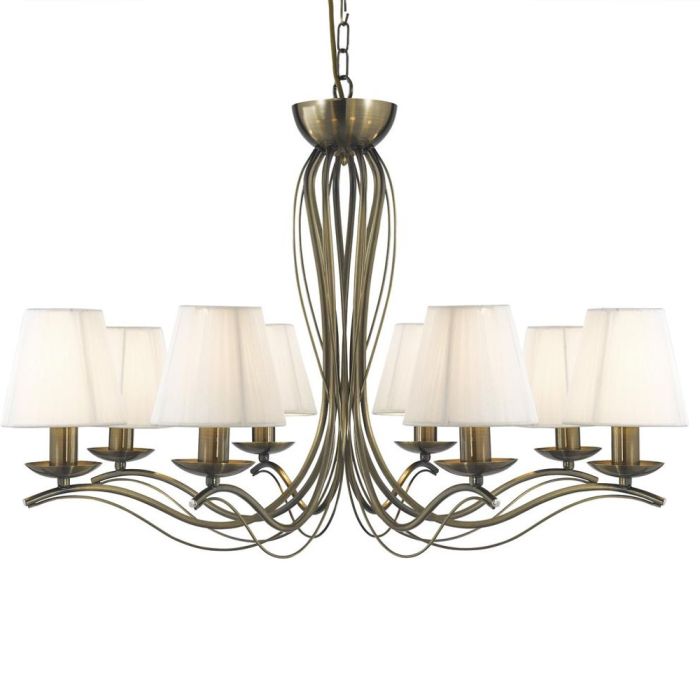 Searchlight Andretti klassieke antiek bronzen achtarmige kroonluchter van 76cm in diameter met witte kapjes van textiel