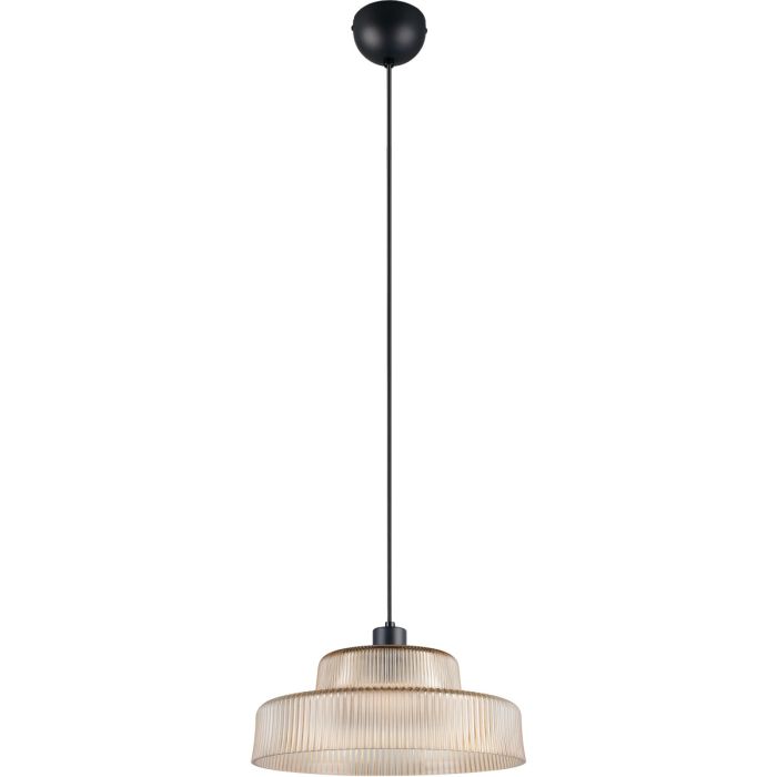 Reality Abella zwarte hanglamp met twee laags ronde kap van amberkleurig geribbeld glas met een diameter van 35 cm