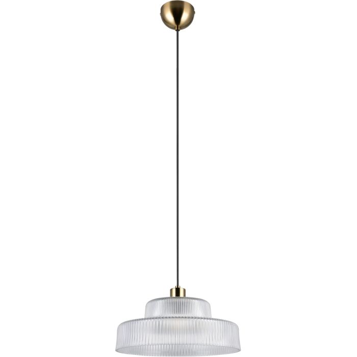 Reality Abella mat messing hanglamp met twee laags ronde kap van helder geribbeld glas met een diameter van 35 cm