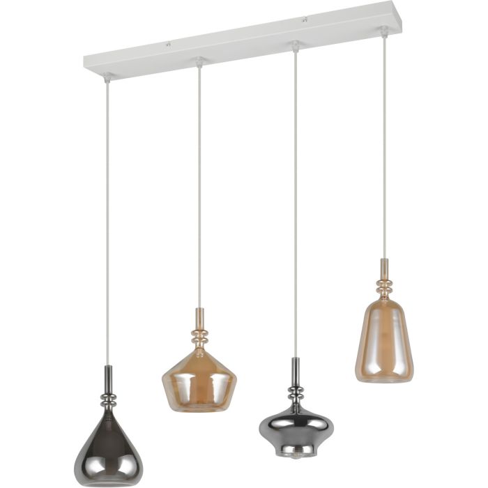 74,5 cm lange Trio Aldea hanglamp met witte plafondbalk en vier pendels met amber en rookglazen kappen met wit glazen binnenschaal