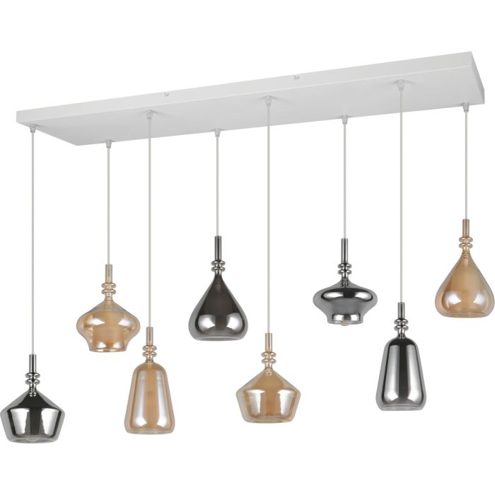 125 cm lange Trio Aldea hanglamp met witte plafondbalk en acht pendels met amber en rookglazen kappen met wit glazen binnenschaal