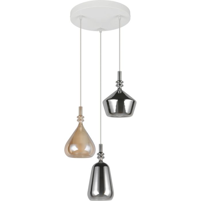 Trio Aldea hanglamp van 35,5 cm in diameter met witte plafondplaat en drie pendels met 1 amber en twee rookglazen kappen met wit glazen binnenschaal