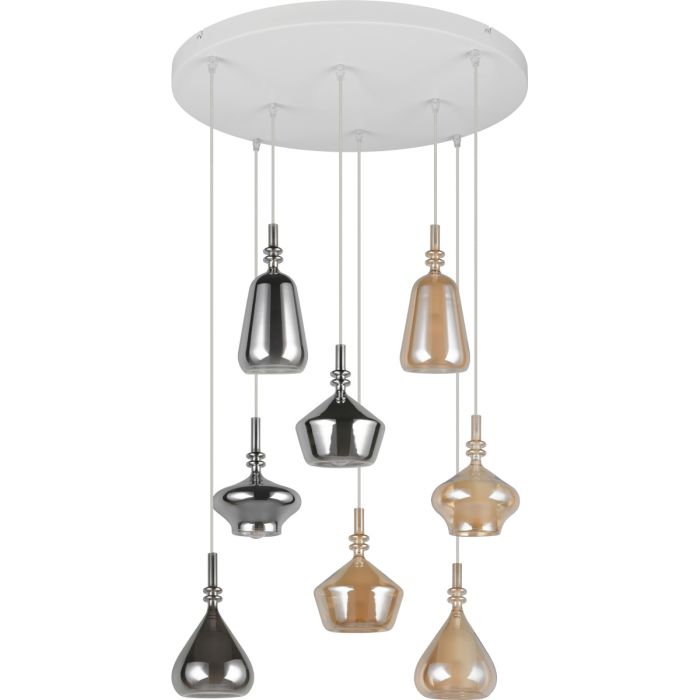 Trio Aldea hanglamp van 72 cm in diameter met witte plafondplaat en acht pendels met vier amber en vier rookglazen kappen met wit glazen binnenschaal