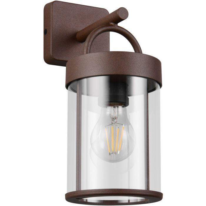 Reality Almeria roestbruine wandlamp voor buiten van 29cm hoog met hangende cilindervormige lantaarn van transparant kunststof